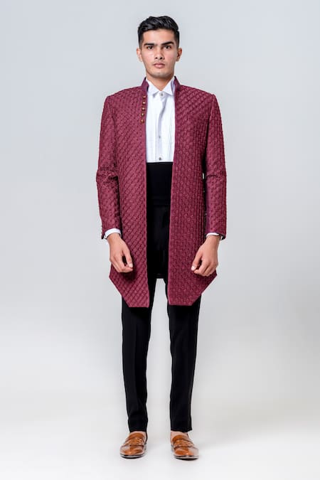 Amrit Dawani_Maroon Silk, Cotton Embroidery Trellis Long Jacket Trouser Set _Online_at_Aza_Fashions