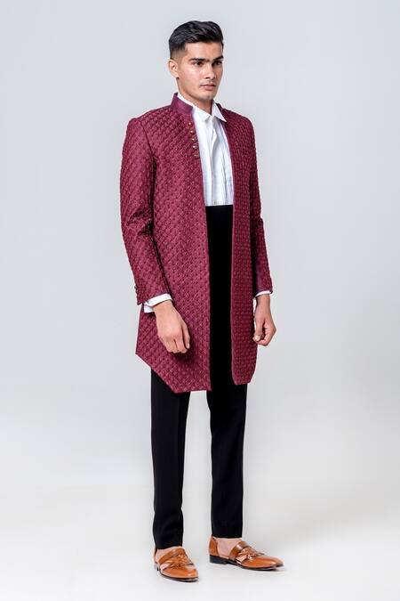 Shop_Amrit Dawani_Maroon Silk, Cotton Embroidery Trellis Long Jacket Trouser Set _Online_at_Aza_Fashions