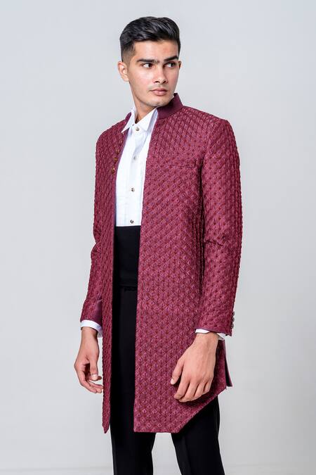 Amrit Dawani_Maroon Silk, Cotton Embroidery Trellis Long Jacket Trouser Set _at_Aza_Fashions