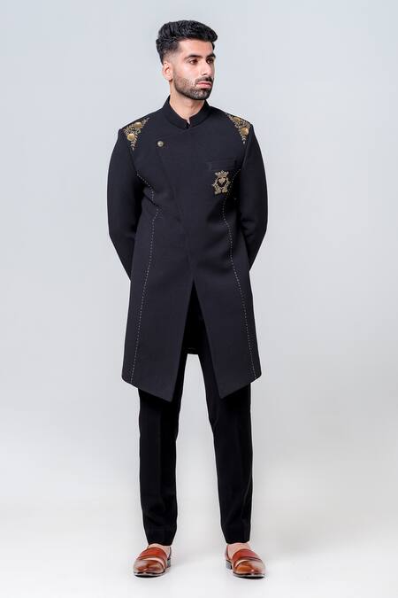 Amrit Dawani_Black Polyester Sequins, Embroidery Placement Sherwani With Trouser _Online_at_Aza_Fashions