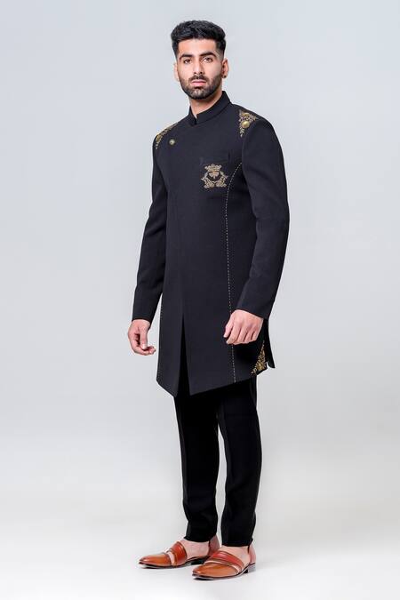 Buy_Amrit Dawani_Black Polyester Sequins, Embroidery Placement Sherwani With Trouser _Online_at_Aza_Fashions