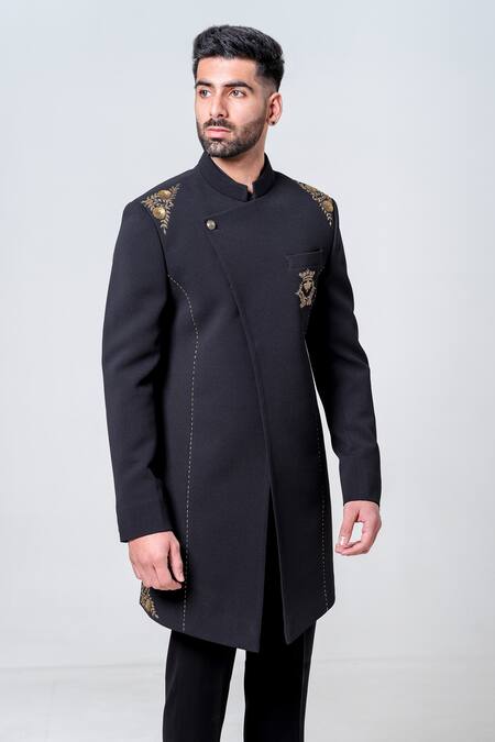 Shop_Amrit Dawani_Black Polyester Sequins, Embroidery Placement Sherwani With Trouser _Online_at_Aza_Fashions