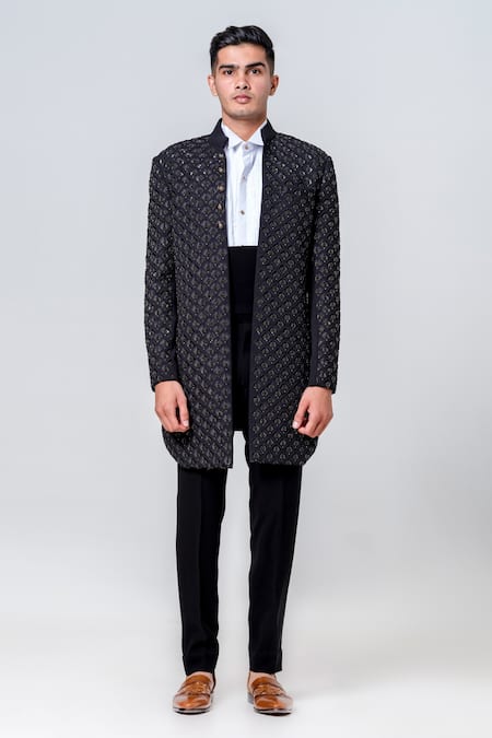 Amrit Dawani_Black Polyester Sequins Embellished Long Jacket Trouser Set _Online_at_Aza_Fashions