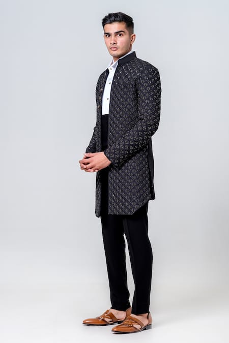 Shop_Amrit Dawani_Black Polyester Sequins Embellished Long Jacket Trouser Set _Online_at_Aza_Fashions
