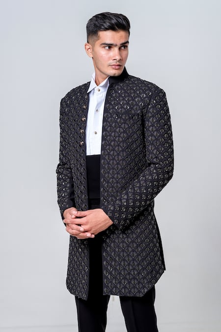 Amrit Dawani_Black Polyester Sequins Embellished Long Jacket Trouser Set _at_Aza_Fashions