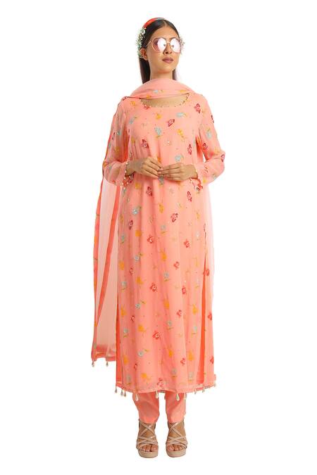 Seams Pret And Couture Peach Georgette Printed Floral Motifs Round Kurta Set 