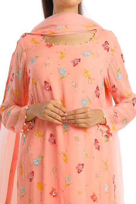 Shop Seams Pret And Couture Peach Georgette Printed Floral Motifs Round Kurta Set at Aza Fashions Shop_Seams Pret And Couture_Peach Georgette Printed Floral Motifs Round Kurta Set _at_Aza_Fashions