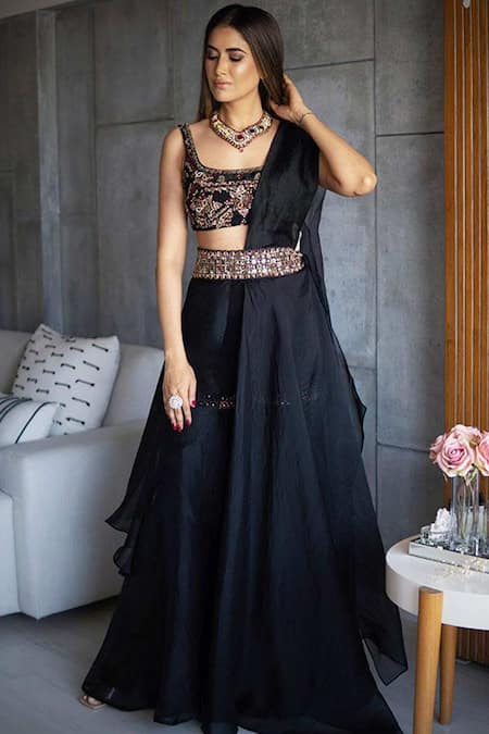 Ridhima Bhasin Black Organza Square Neck Sharara Saree With Blouse  