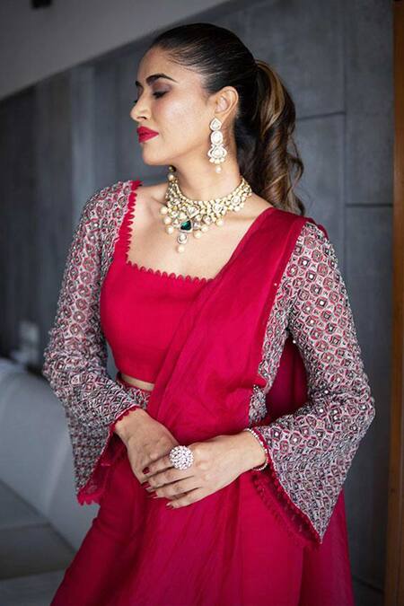 Shop_Ridhima Bhasin_Pink Chiffon Square Neck Organza Sharara Saree With Blouse  _Online_at_Aza_Fashions