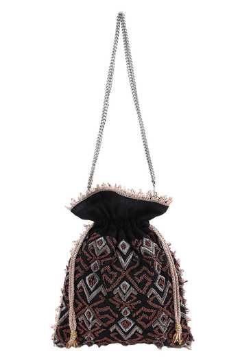 The Purple Sack_Black Embroidery, Beads Potli Bag _Online_at_Aza_Fashions