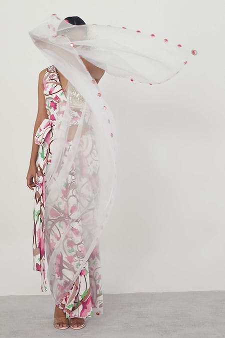 Shop Limerick By Abirr N' Nanki White Organza, Crepe V Neck Printed Saree And Jacket Set at Aza Fashions Shop_Limerick By Abirr N' Nanki_White Organza, Crepe V Neck Printed Saree And Jacket Set _at_Aza_Fashions