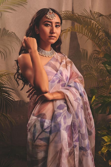 Shop_House Of Hiya_White Organza Printed Floral Curious Saree With Blouse Piece _at_Aza_Fashions