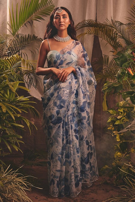 Buy Blue Printed Saree In Satin With Unstitched Blouse Piece
