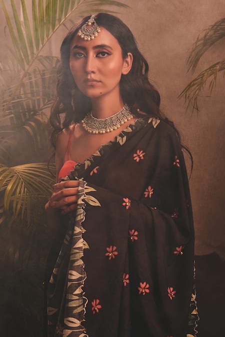 Shop_House Of Hiya_Red Saree Chanderi Embellished Sequin The Hex With Blouse Piece  _at_Aza_Fashions