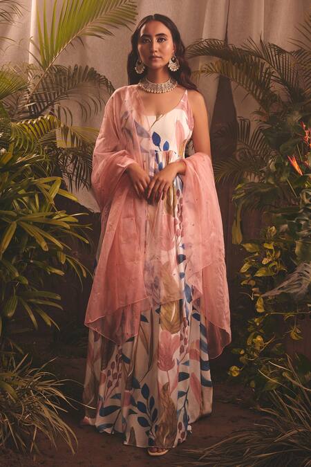 House Of Hiya_White Anarkali Chanderi Printed Floral Deep The Orenda With Dupatta  _Online_at_Aza_Fashions