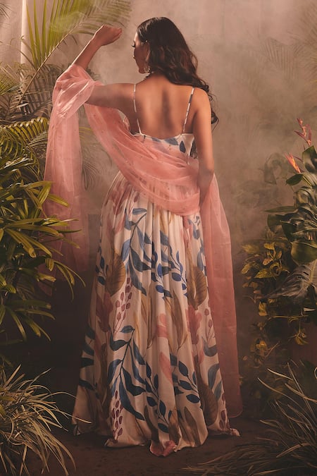 Shop_House Of Hiya_White Anarkali Chanderi Printed Floral Deep The Orenda With Dupatta  _at_Aza_Fashions