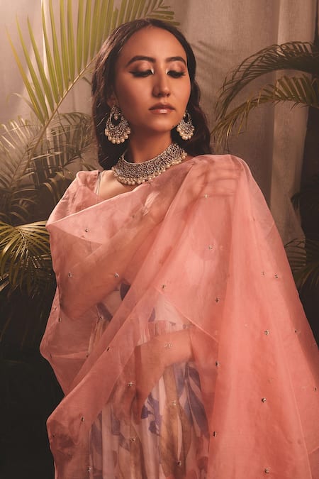 Buy_House Of Hiya_White Anarkali Chanderi Printed Floral Deep The Orenda With Dupatta  _Online_at_Aza_Fashions