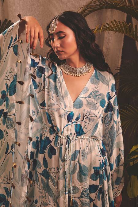 House Of Hiya_White Modal Satin Floral, Leaf V Neck Devotion Printed Kaftan _Online_at_Aza_Fashions