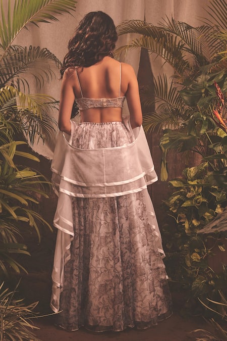 Shop_House Of Hiya_White Organza Printed And Embroidered Floral & The Mystique Lehenga Set  _at_Aza_Fashions