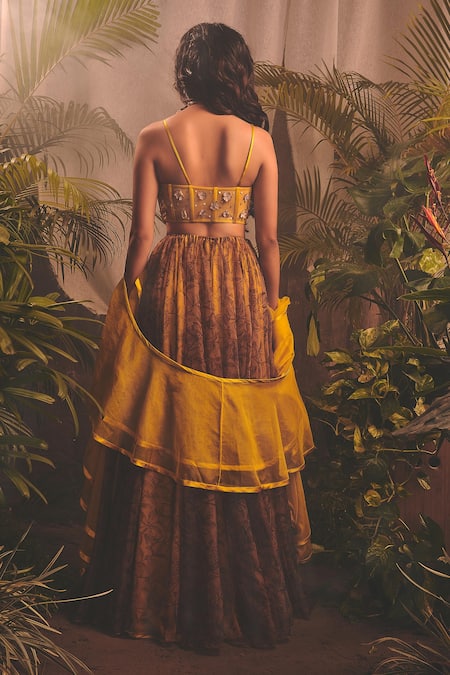 Shop_House Of Hiya_Yellow Organza Printed And Applique Floral & The Glorious Lehenga Set  _at_Aza_Fashions