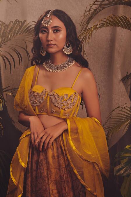 House Of Hiya_Yellow Organza Printed And Applique Floral & The Glorious Lehenga Set  _Online_at_Aza_Fashions