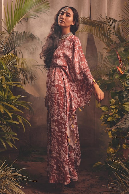 Shop_House of Hiya_Maroon Modal Satin Floral, Leaf V Neck Affection Printed Kaftan _at_Aza_Fashions