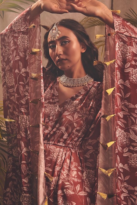 House of Hiya_Maroon Modal Satin Floral, Leaf V Neck Affection Printed Kaftan _Online_at_Aza_Fashions