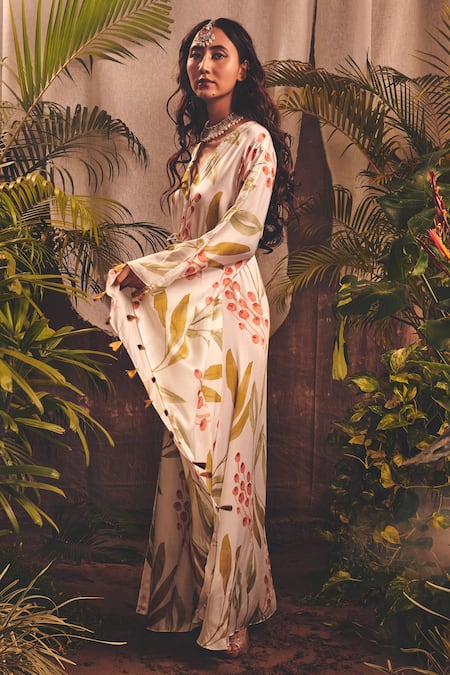 Shop_House of Hiya_White Modal Satin Printed Leaf V Neck Cherish Kaftan  _at_Aza_Fashions