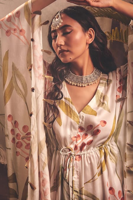 House of Hiya_White Modal Satin Printed Leaf V Neck Cherish Kaftan  _Online_at_Aza_Fashions