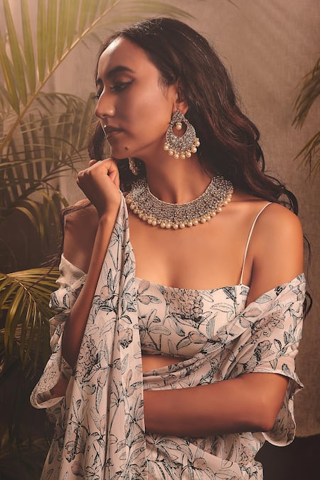 House Of Hiya_White Crepe Printed Floral Cape Open Potent And Palazzo Set _Online_at_Aza_Fashions