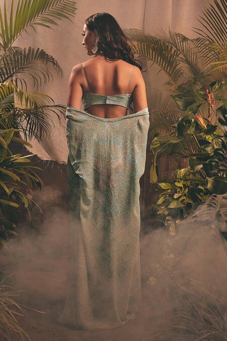 Shop_House Of Hiya_Blue Crepe Printed Floral Cape Open Amorous And Palazzo Set  _at_Aza_Fashions