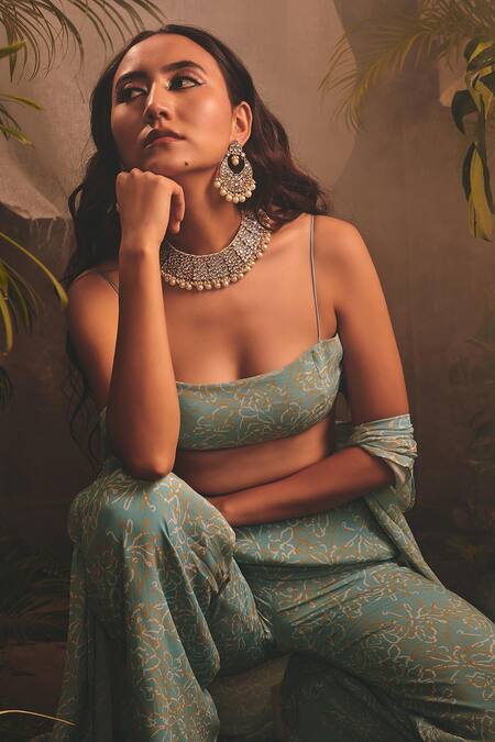 House Of Hiya_Blue Crepe Printed Floral Cape Open Amorous And Palazzo Set  _Online_at_Aza_Fashions