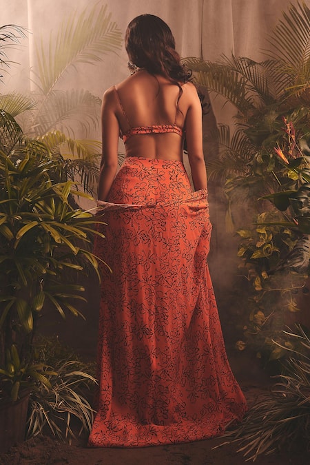 Shop_House Of Hiya_Orange Crepe Printed Floral Cape Open Captive And Palazzo Set  _at_Aza_Fashions