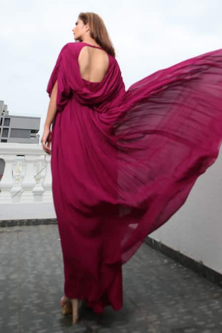 Pinup By Astha_Maroon Georgette Crew Neck Draped Gown _Online_at_Aza_Fashions