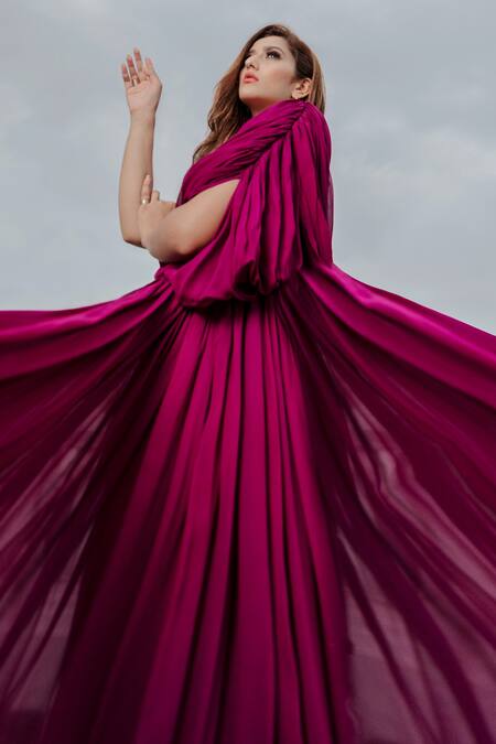 Buy_Pinup By Astha_Maroon Georgette Crew Neck Draped Gown _Online_at_Aza_Fashions