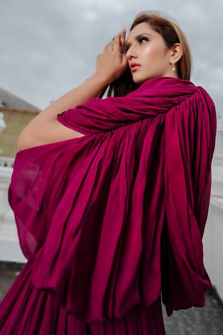 Shop_Pinup By Astha_Maroon Georgette Crew Neck Draped Gown _Online_at_Aza_Fashions
