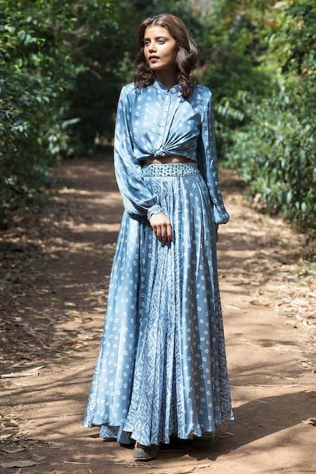 Basanti - Kapde Aur Koffee_Blue Satin Band Collar Shirt And Lehenga Set _Online_at_Aza_Fashions