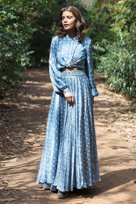 Basanti - Kapde Aur Koffee_Blue Satin Band Collar Shirt And Lehenga Set _Online_at_Aza_Fashions