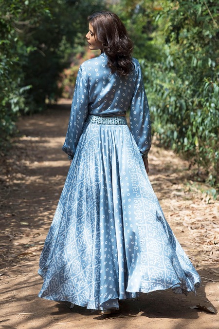 Shop_Basanti - Kapde Aur Koffee_Blue Satin Band Collar Shirt And Lehenga Set _at_Aza_Fashions
