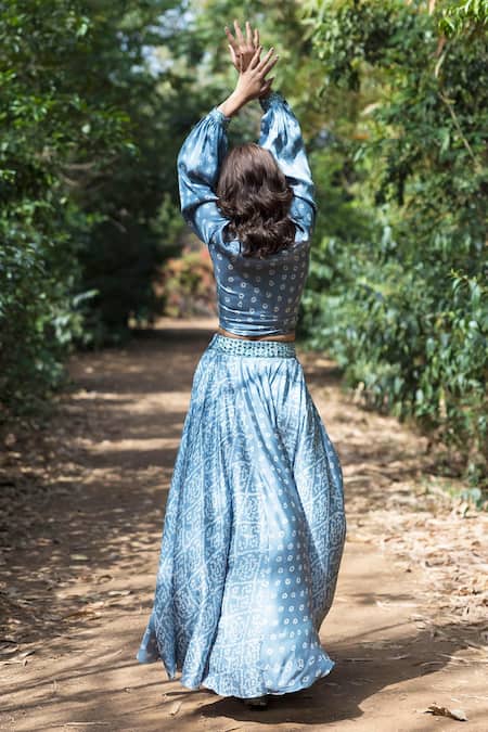 Buy_Basanti - Kapde Aur Koffee_Blue Satin Band Collar Shirt And Lehenga Set _Online_at_Aza_Fashions