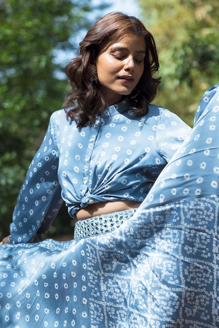 Shop_Basanti - Kapde Aur Koffee_Blue Satin Band Collar Shirt And Lehenga Set _Online_at_Aza_Fashions