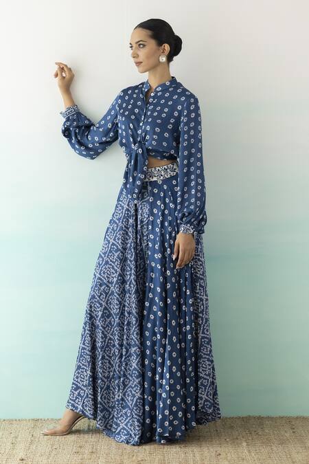 Buy_Basanti - Kapde Aur Koffee_Blue Modal Satin Embroidered Bandhani Mandarin Collar Print Skirt And Shirt Set_Online_at_Aza_Fashions