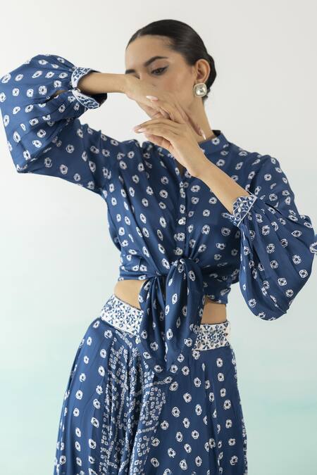 Shop_Basanti - Kapde Aur Koffee_Blue Modal Satin Embroidered Bandhani Mandarin Collar Print Skirt And Shirt Set_Online_at_Aza_Fashions