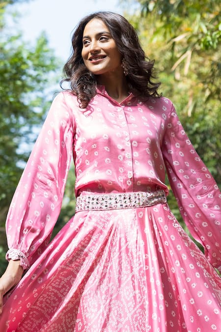 Buy_Basanti - Kapde Aur Koffee_Pink Satin Band Collar Shirt And Lehenga Set_Online_at_Aza_Fashions