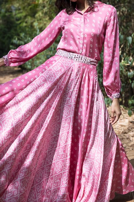 Shop_Basanti - Kapde Aur Koffee_Pink Satin Band Collar Shirt And Lehenga Set_Online_at_Aza_Fashions