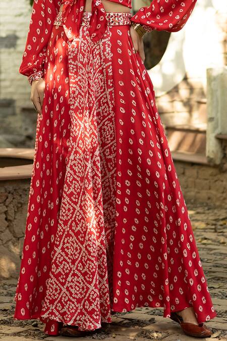 Shop_Basanti - Kapde Aur Koffee_Red Modal Satin Bandhani Print Mandarin Collar Lehenga Set_Online_at_Aza_Fashions