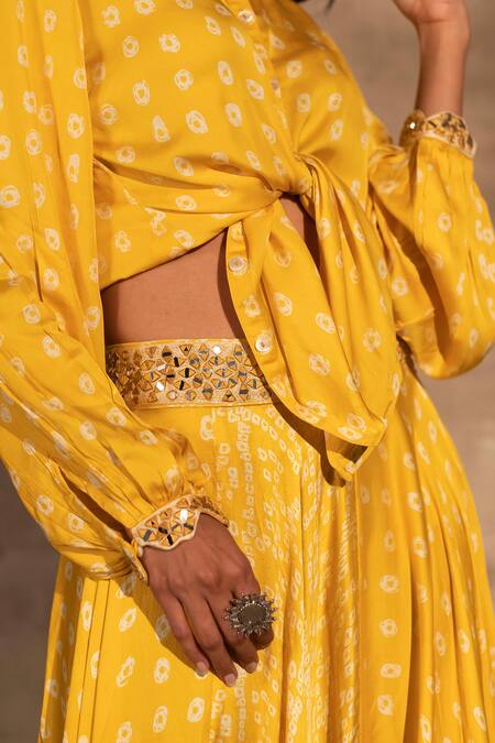 Basanti - Kapde Aur Koffee_Yellow Chinon Bandhani Motifs Band Collar Print Lehenga And Shirt Set_Online_at_Aza_Fashions