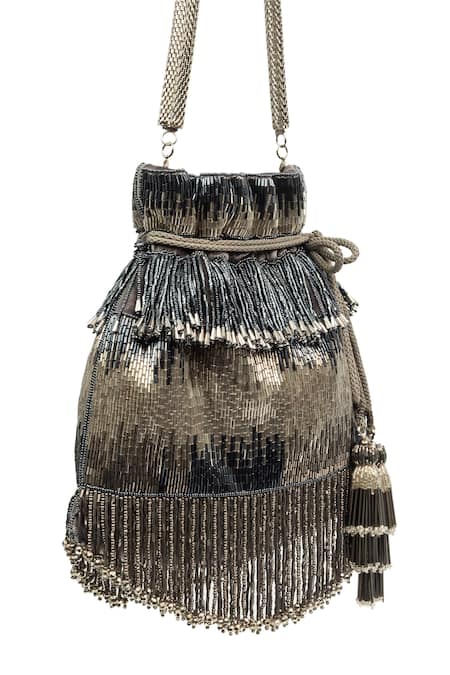 Shop SG Collection By Sonia Gulrajani Silver Hand Cut Beads Work Alstair Velvet Embroidered Potli Bag at Aza Fashions Shop_SG Collection By Sonia Gulrajani_Silver Hand Cut Beads Work Alstair Velvet Embroidered Potli Bag _at_Aza_Fashions