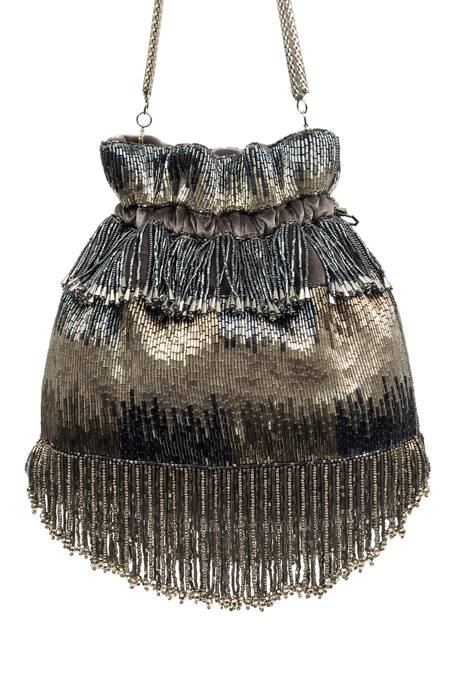 SG Collection By Sonia Gulrajani Silver Hand Cut Beads Work Alstair Velvet Embroidered Potli Bag Online at Aza Fashions SG Collection By Sonia Gulrajani_Silver Hand Cut Beads Work Alstair Velvet Embroidered Potli Bag _Online_at_Aza_Fashions