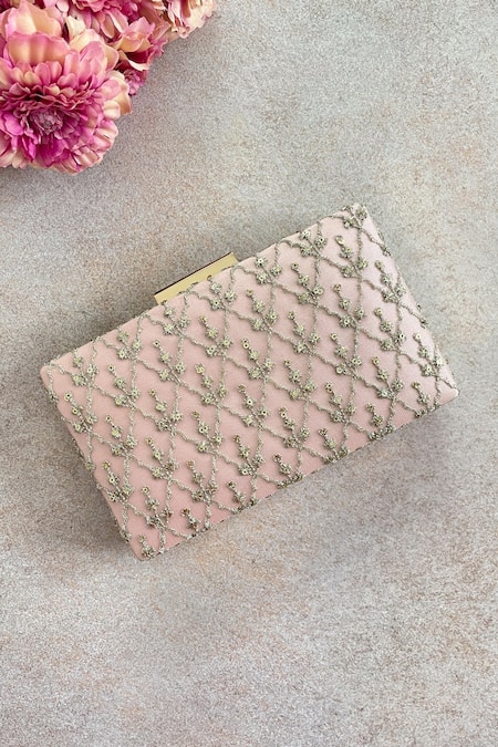 Shop Amyra Pink Embroidery Anya Box Clutch at Aza Fashions Shop_Amyra_Pink Embroidery Anya Box Clutch _at_Aza_Fashions